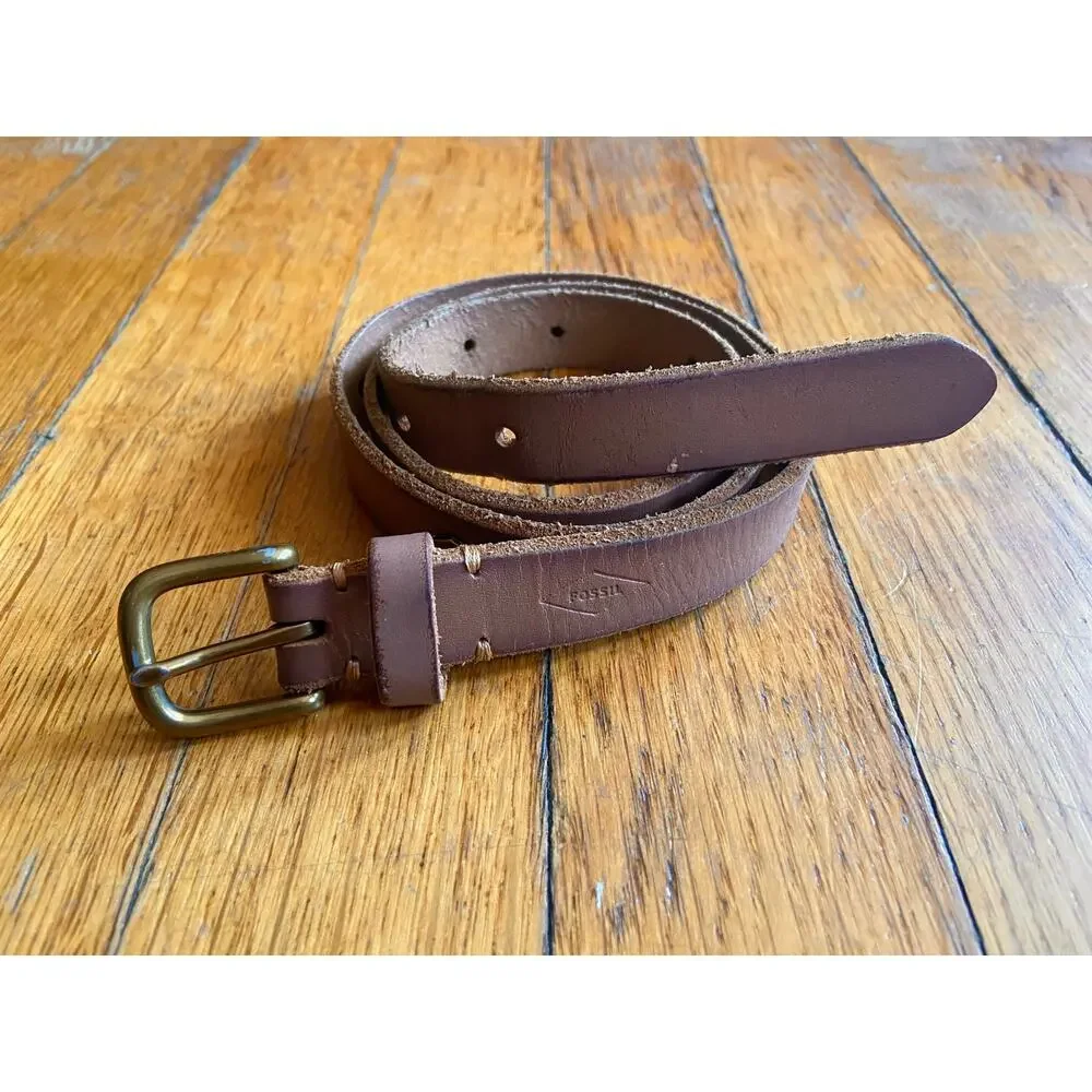 FOSSIL Distressed Skinny Tan Leather Studded Belt Womens sz XS